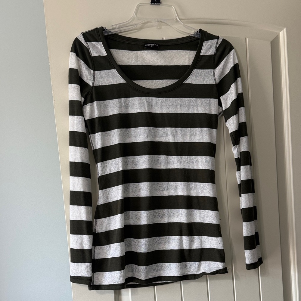 Express Green and White Striped Long Sleeve Top
